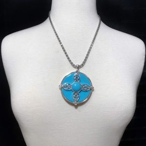 Large Aqua Blue Medallion Necklace Earrings Set